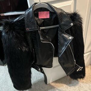 Black Leather Biker Jacket with Fur Details and Asymmetrical Zipper